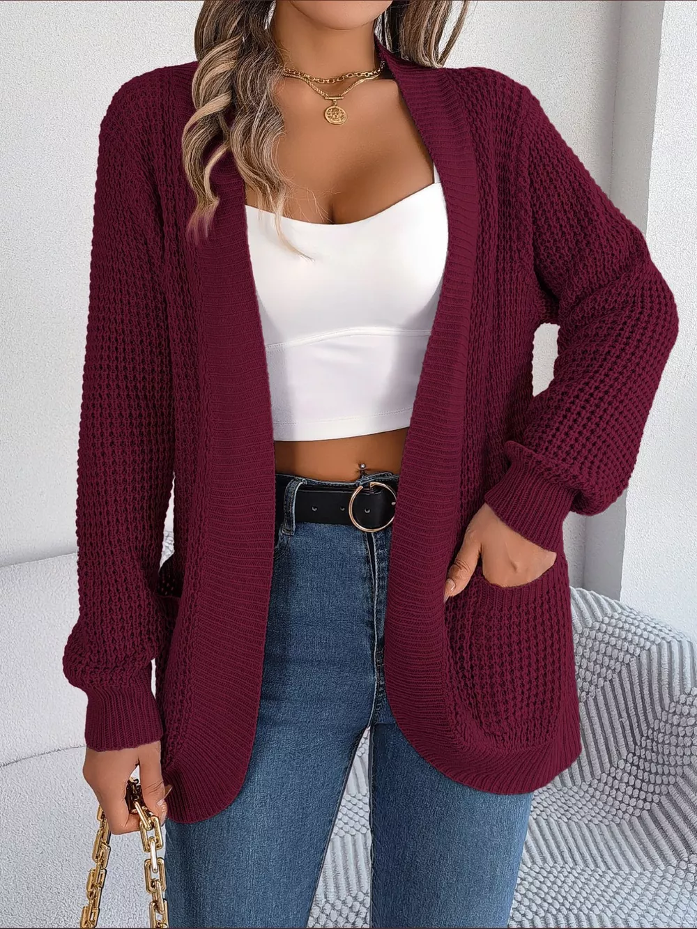 Chunky Knit Open Front Cardigan with Pockets