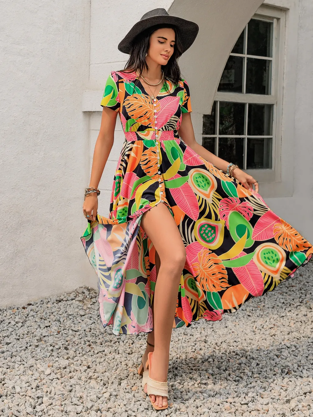 Tropical Print V-Neck Short Sleeve Midi Dress, image 2