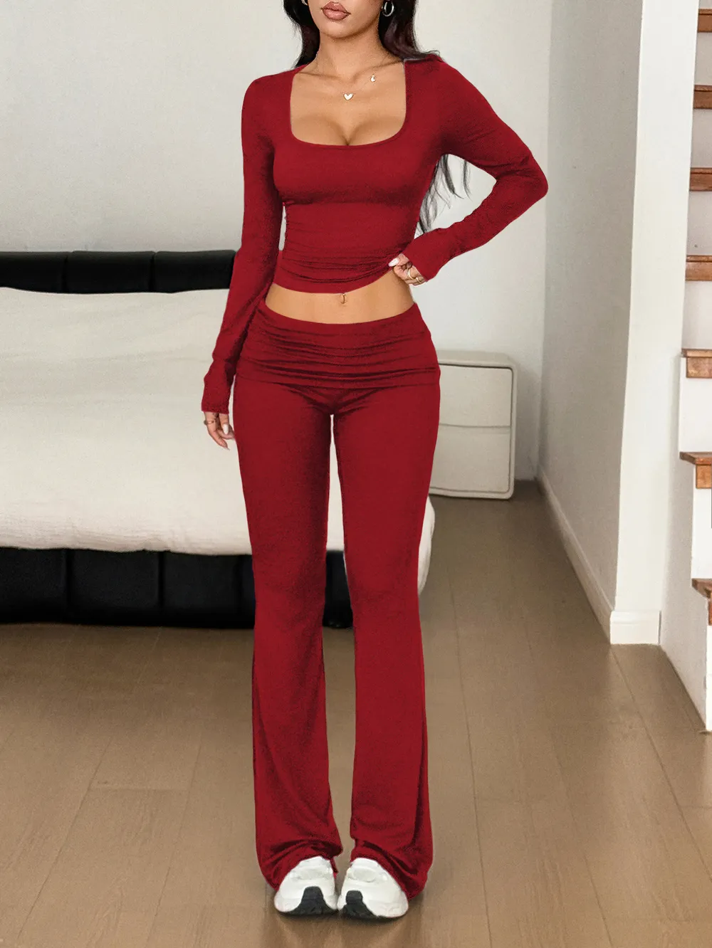 Long Sleeve Crop Top and Bootcut Pants Set, image 12