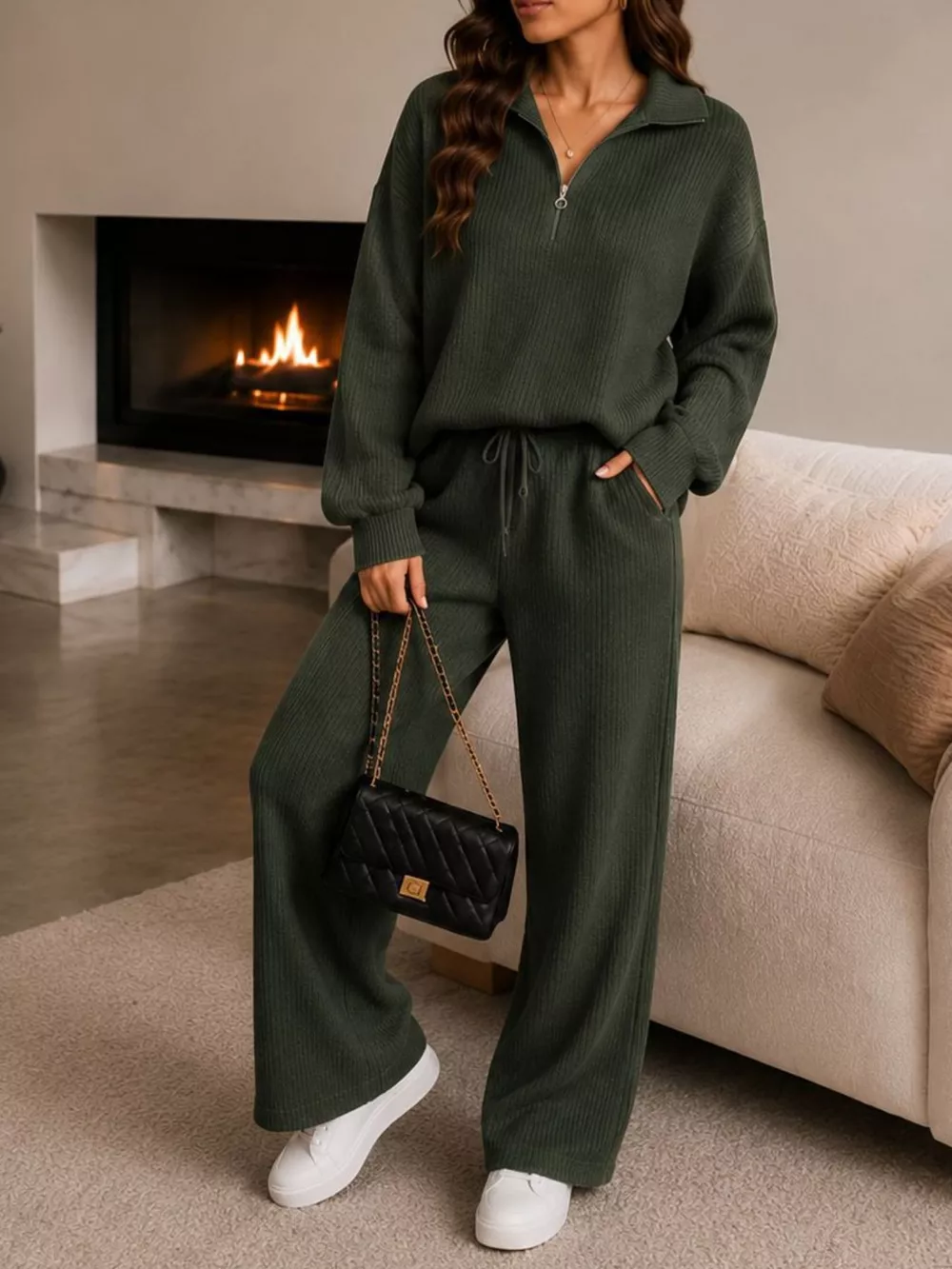Cozy Ribbed Knit Quarter-Zip Top and Wide-Leg Set, image 15