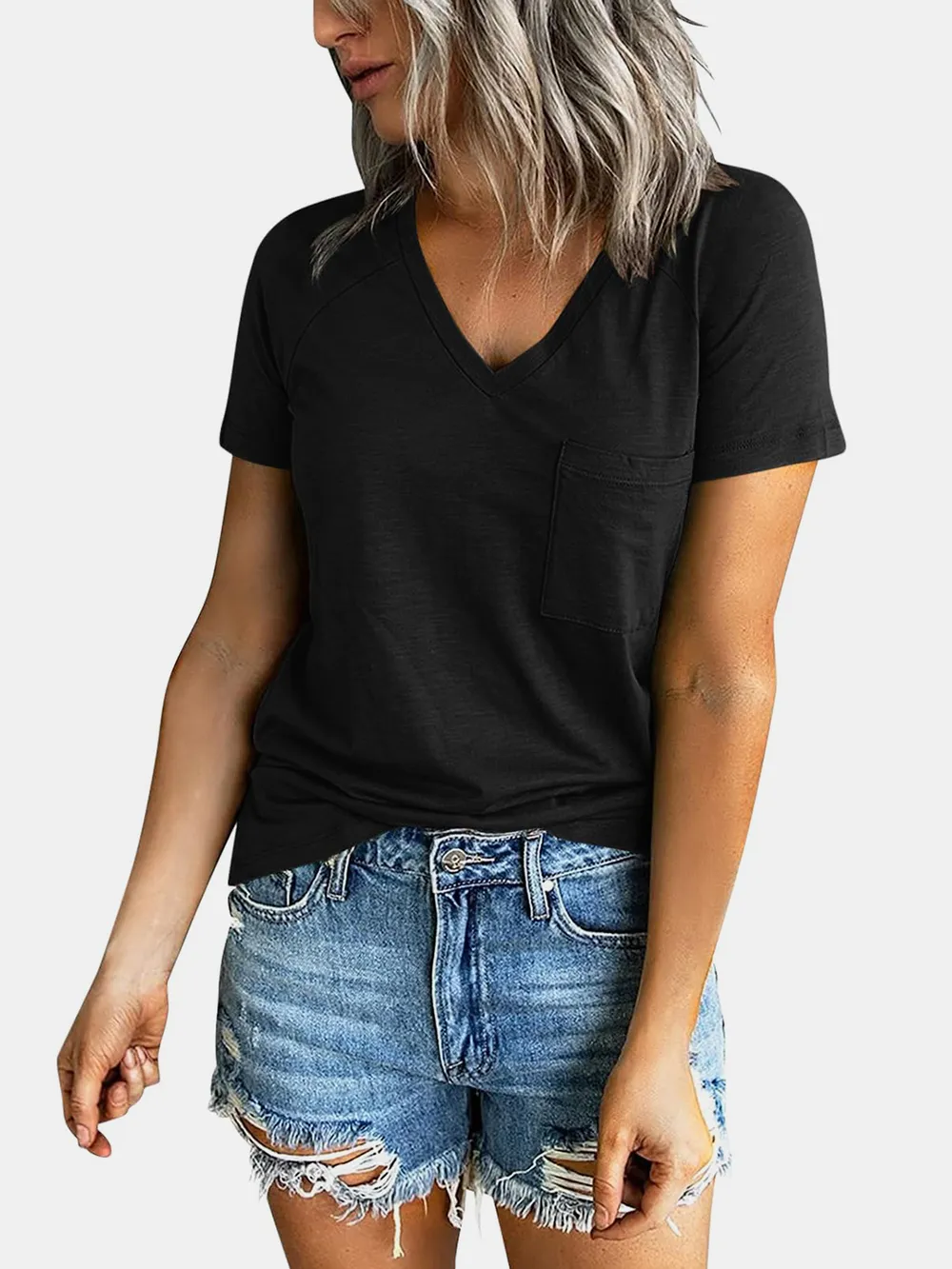 Pocketed V-Neck Short Sleeve T-Shirt, image 3