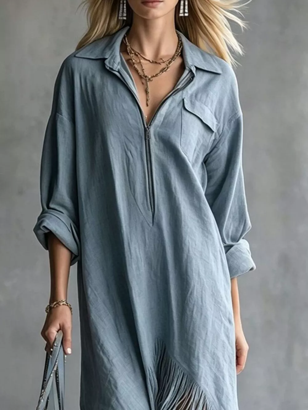 Zipper-Front Fringe Hem Midi Dress, image 17