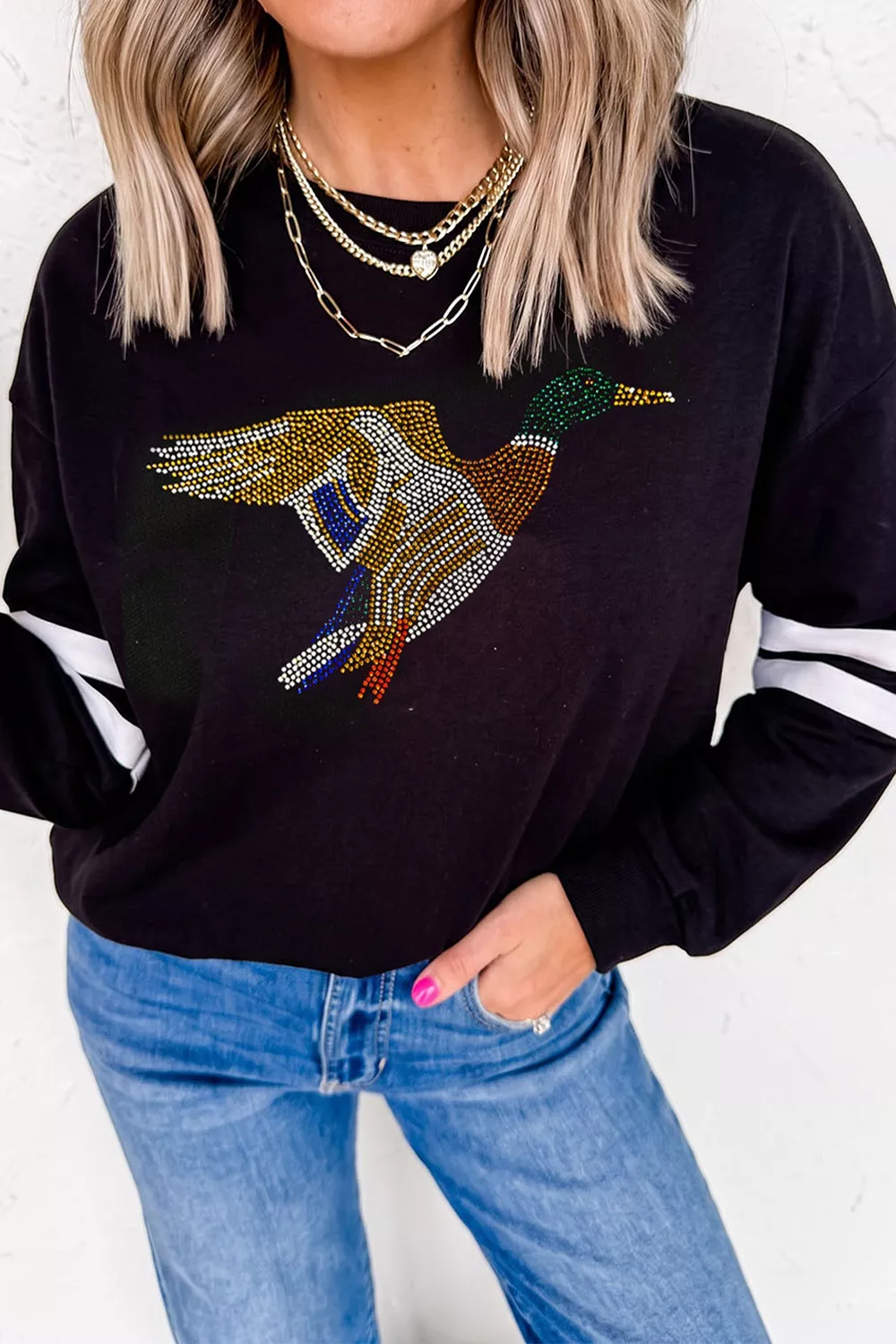 Rhinestone Mallard Contrast Striped Sleeve Casual Sweatshirt, image 5