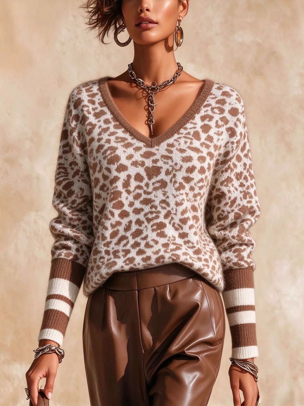 Full Size Leopard V-Neck Sweater with Striped Cuffs Plus Size