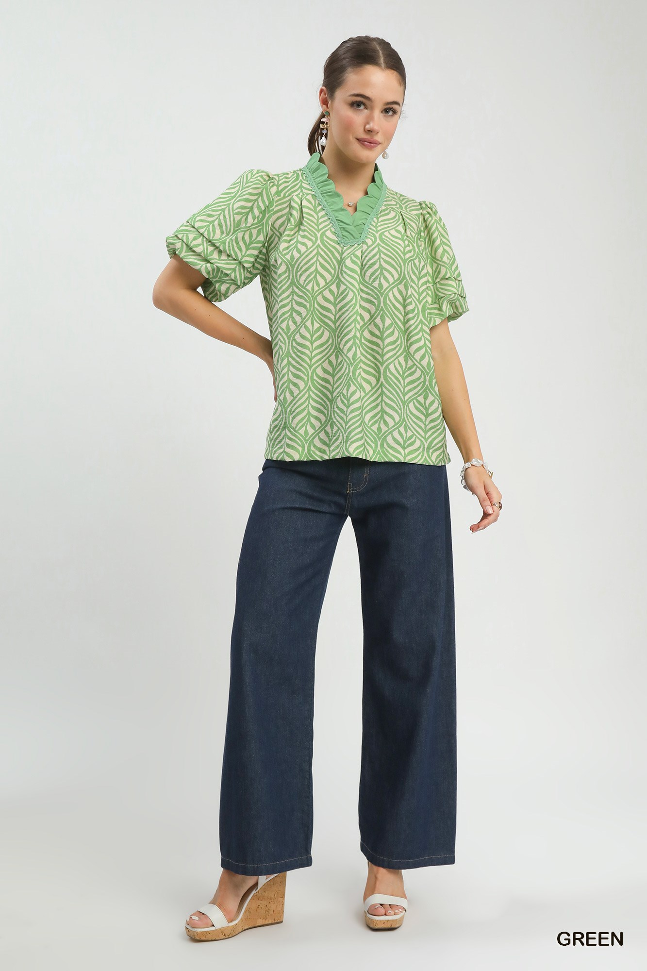 Printed Puff Sleeve Ruffle Neck Top, image 4