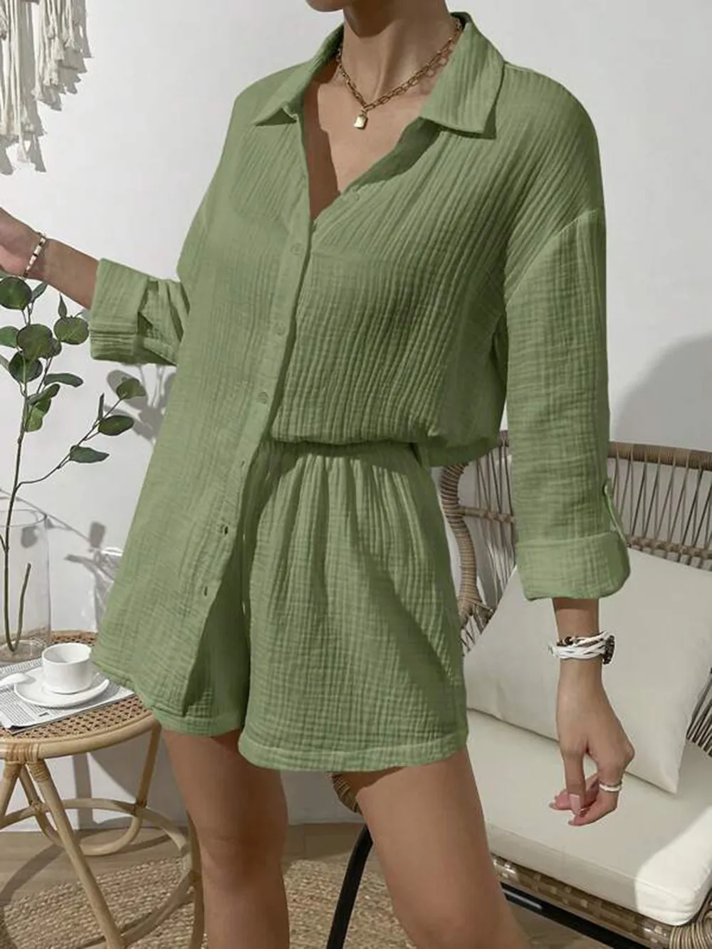 Dropped Shoulder Button Up Top and Elastic Waist Shorts Set, image 30