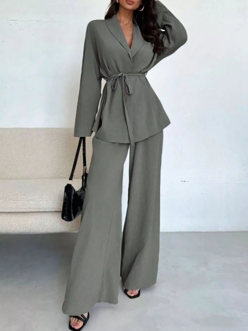 Textured Tie Waist Top and Wide-Leg Pants Set, image 18
