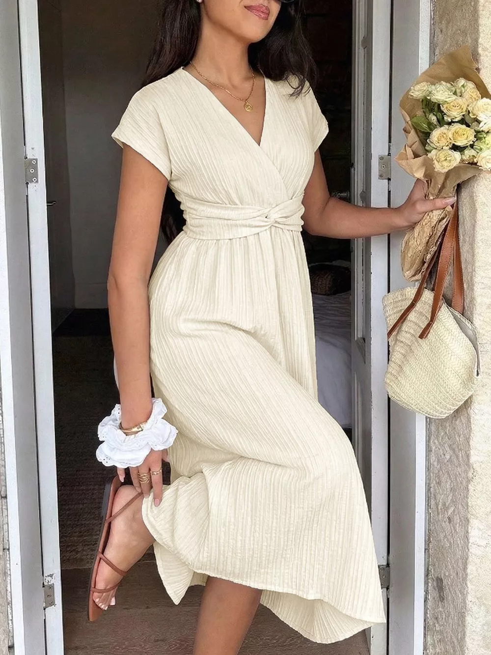 Surplice Short Sleeve Midi Dress, image 5