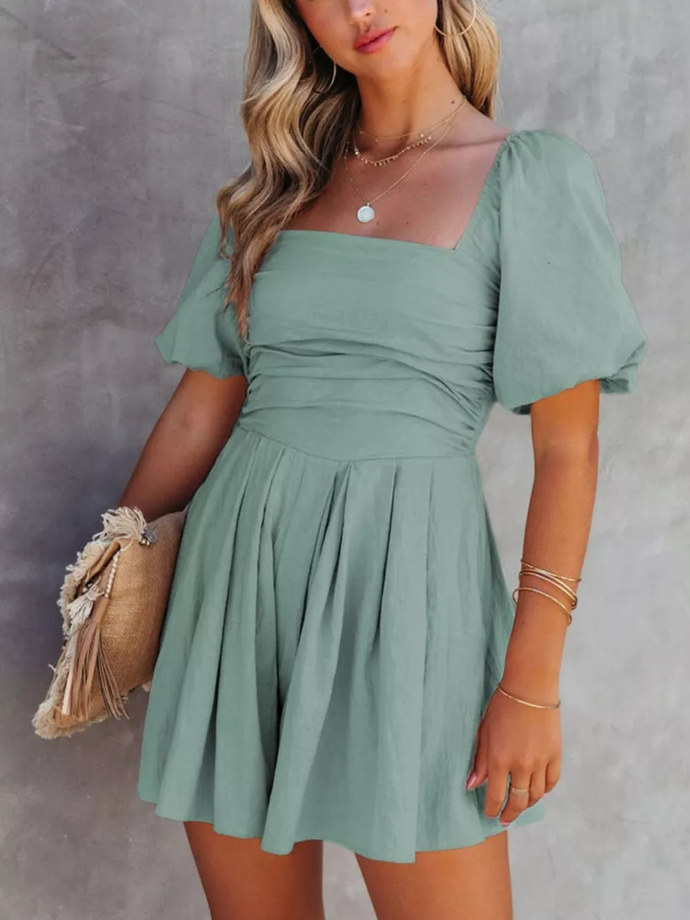 Square Neck Ruched Puff Sleeve Romper, image 8