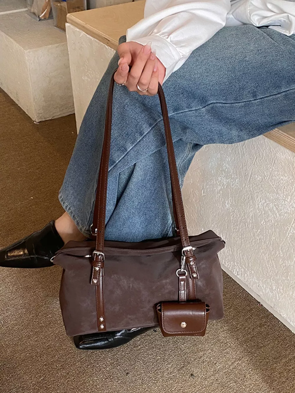 Leather Shoulder Bag with Detachable Pouch, image 6