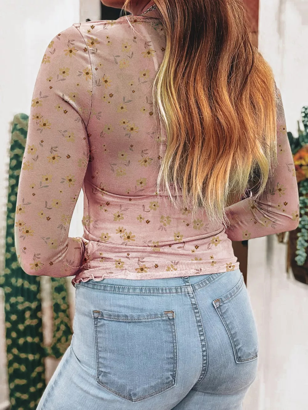 Floral Print Long Sleeve Mesh Blouse, image 5
