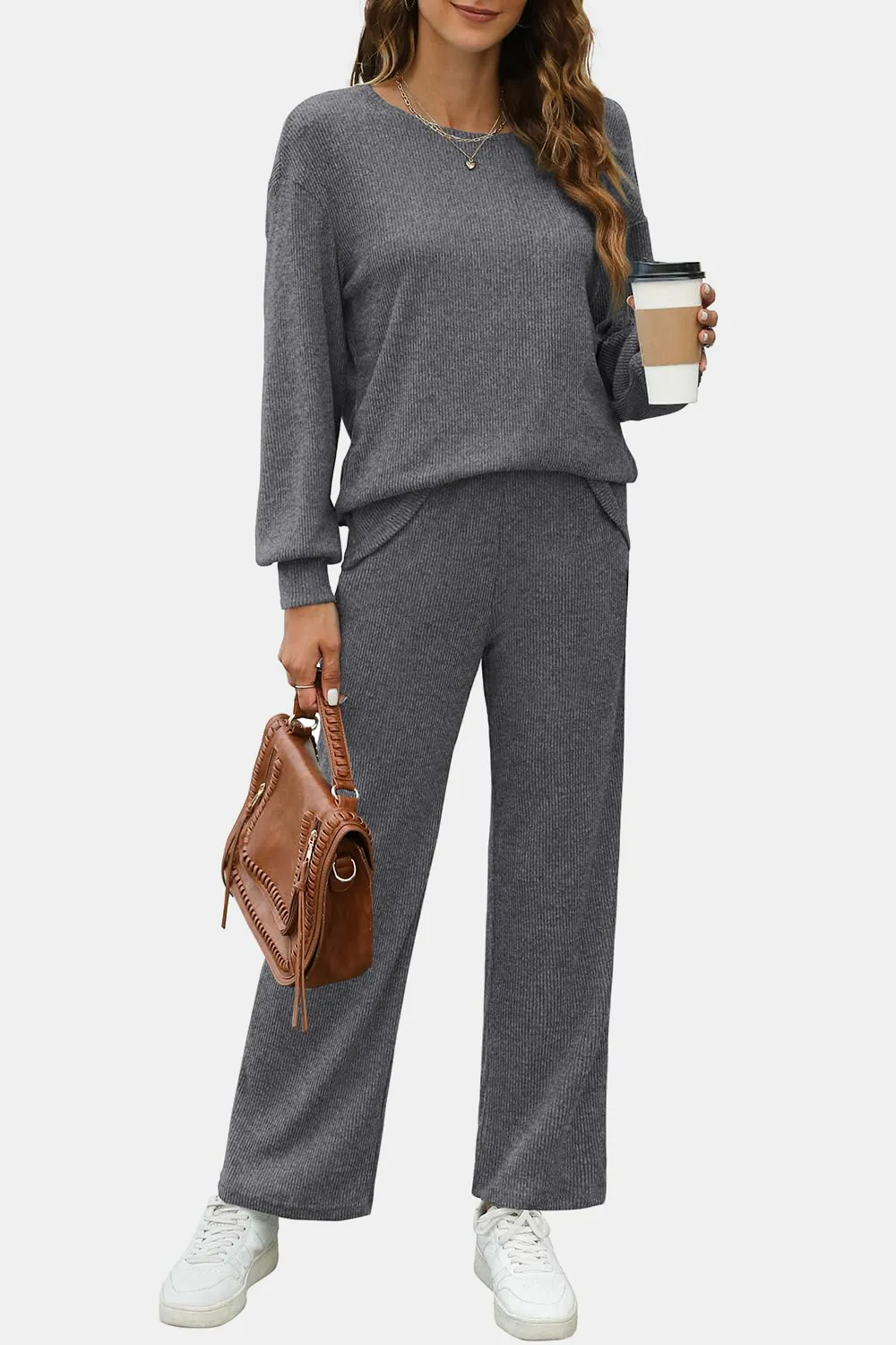 Round Neck Long Sleeve Top and Pants Set, image 3