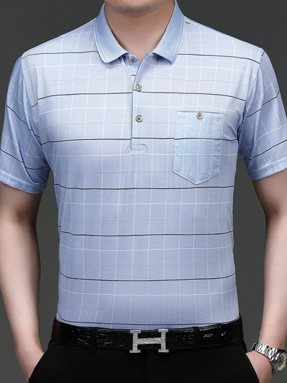 Men's Striped Button Detail Short Sleeve Polo
