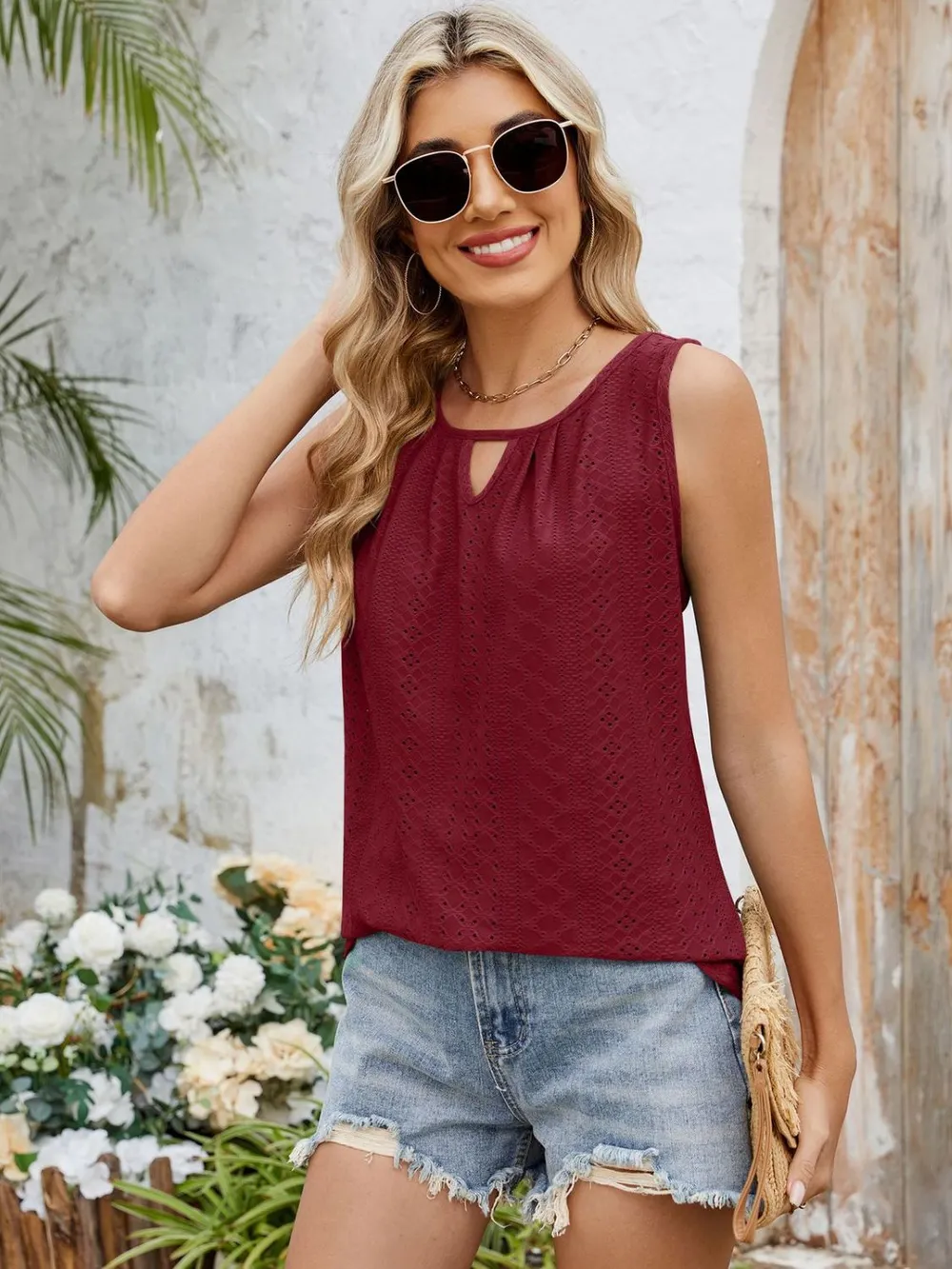Eyelet Cutout Round Neck Tank, image 30