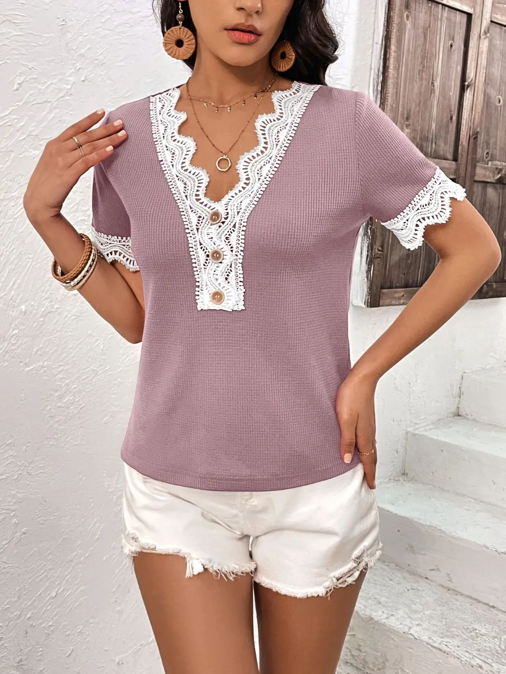 Lace Detail V-Neck Short Sleeve T-Shirt, image 9