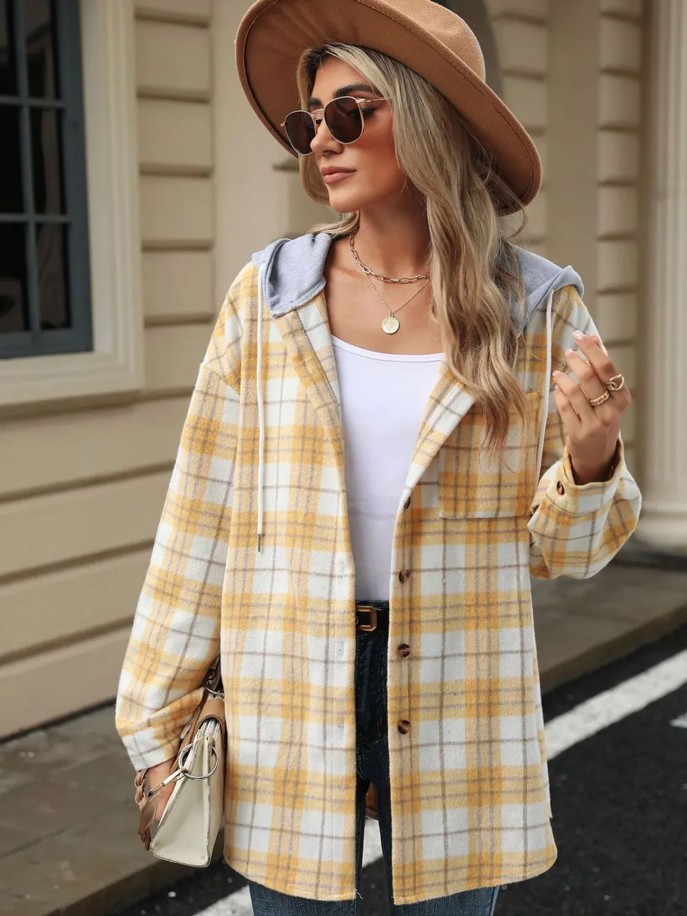 Drawstring Plaid Button Up Hooded Jacket, image 11