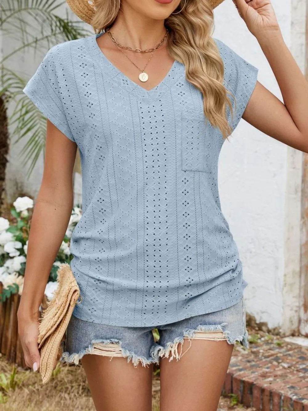 Eyelet V-Neck Short Sleeve Top, image 29