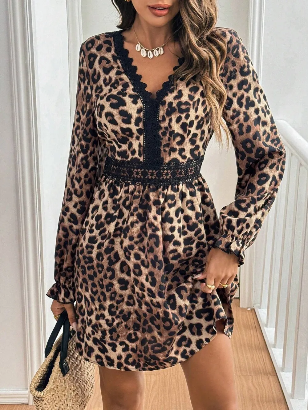 Lace Detail Leopard Flounce Sleeve Mini Dress, image 4