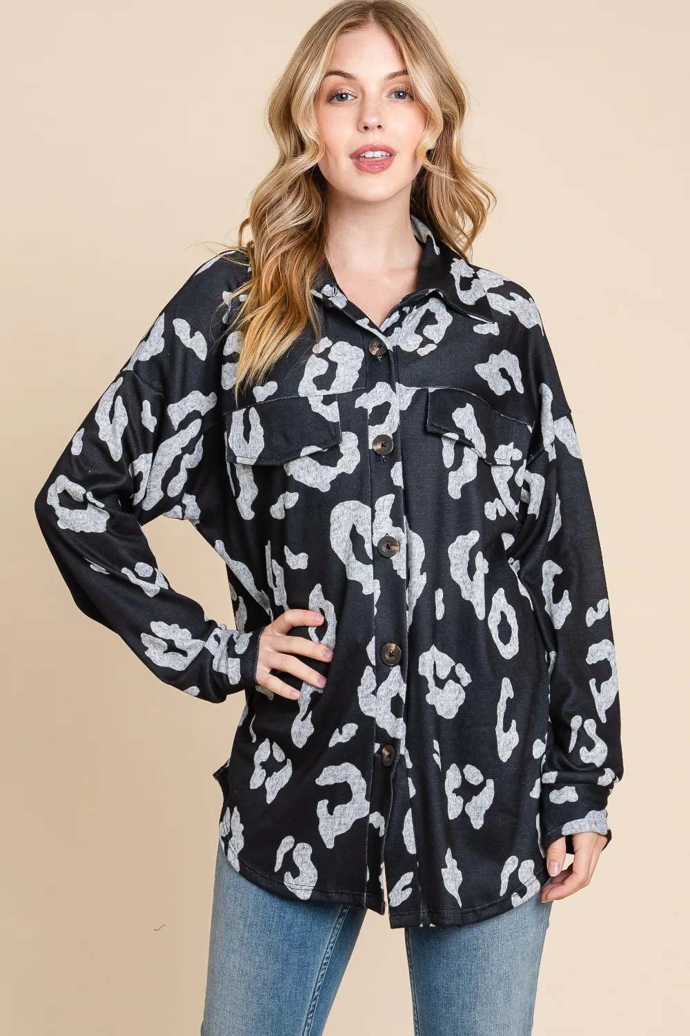 Animal Print Button Up Knit Shacket, image 4
