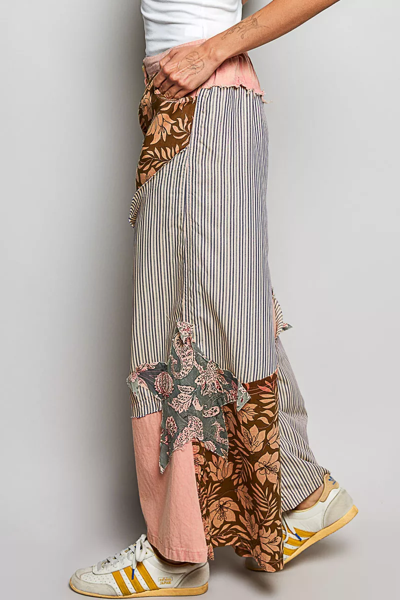 Striped Floral Patchwork Wide leg Pants with Side Big Star Patch, image 6