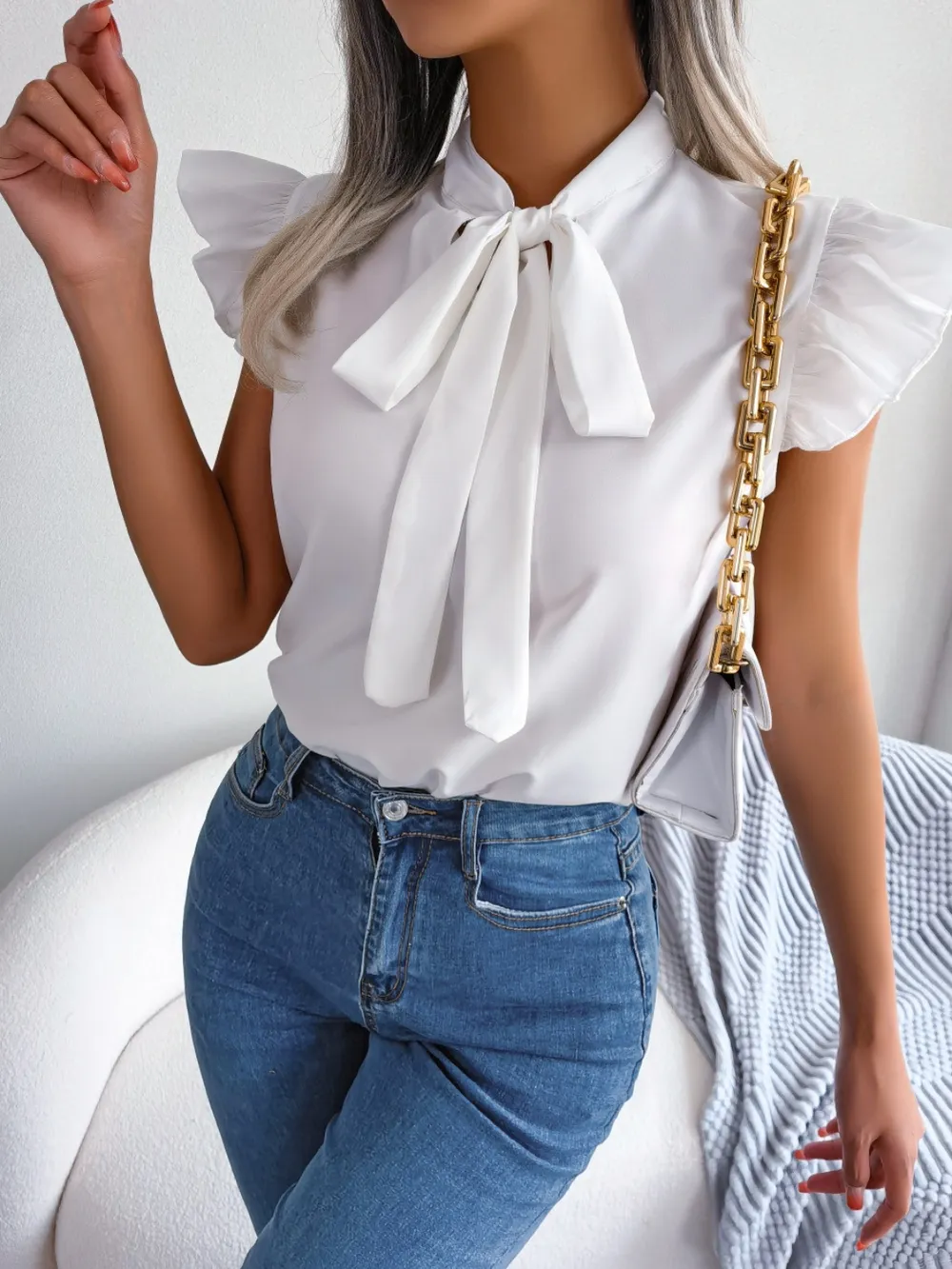 Tie Neck Cap Sleeve Blouse, image 3