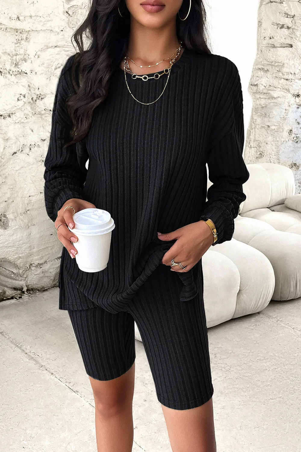 Ribbed Round Neck Dropped Shoulder Top and Shorts Set, image 2