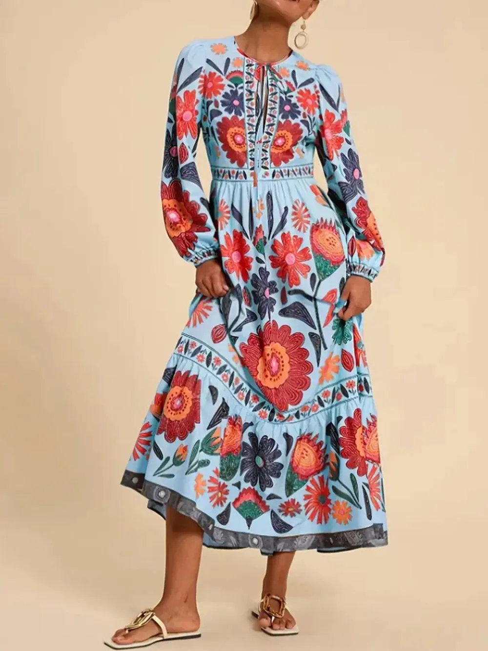 Floral Tie Waist Long Sleeve Dress, image 23