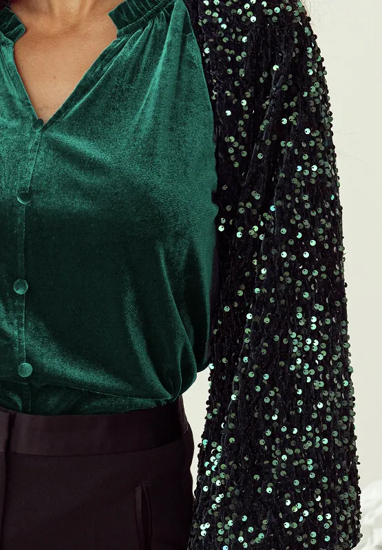 Sequin Notched Long Sleeve Blouse, image 16