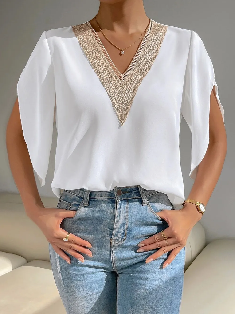 V-Neck Short Sleeve Blouse, image 4