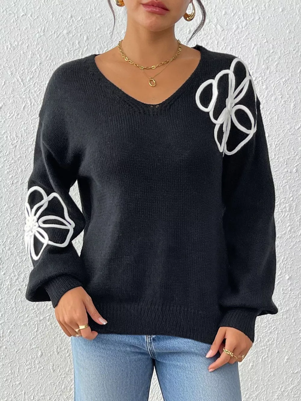 Flower V-Neck Long Sleeve Sweater, image 2
