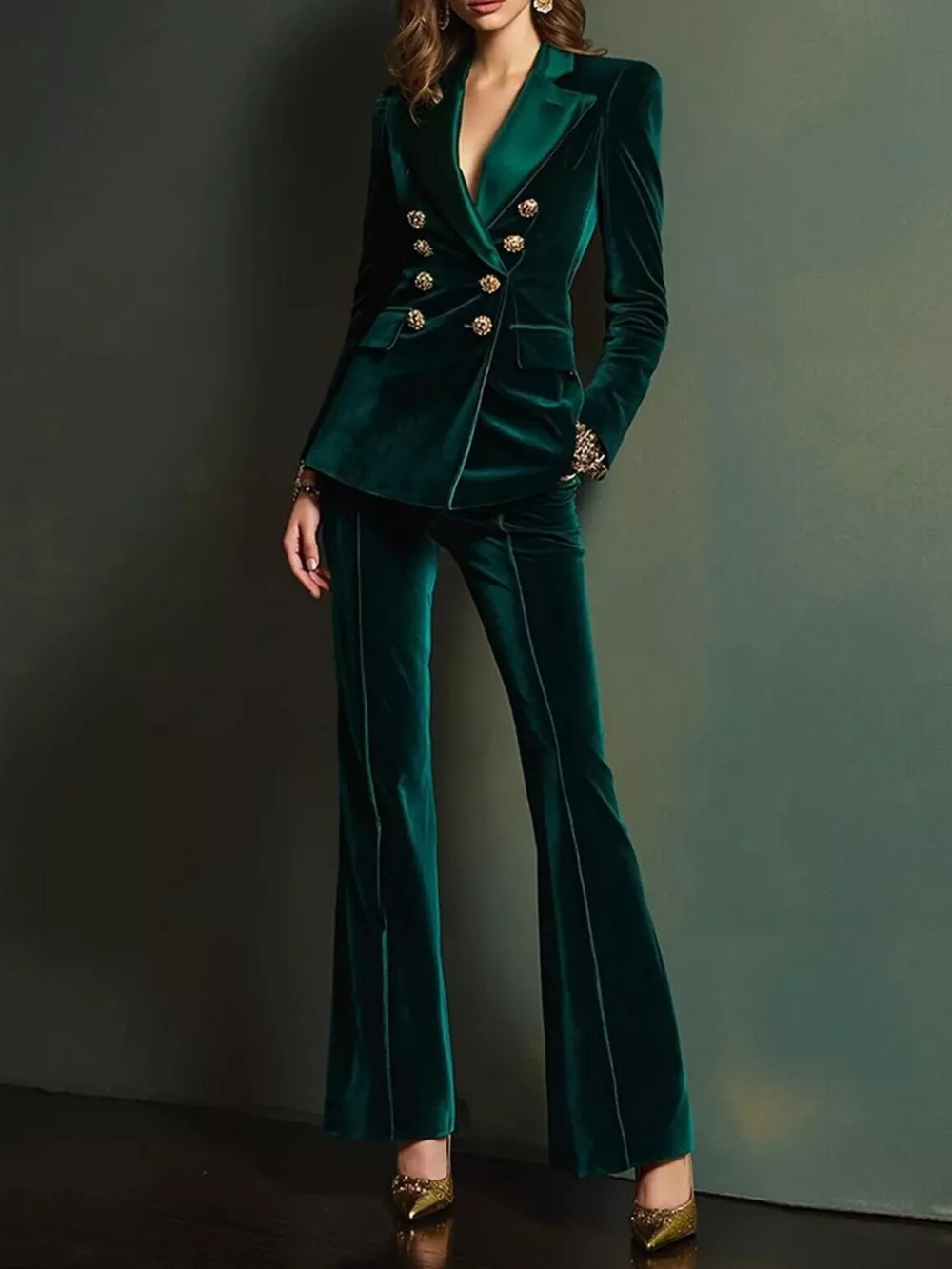 Velvet Double-Breasted Blazer and Flare Pant Set