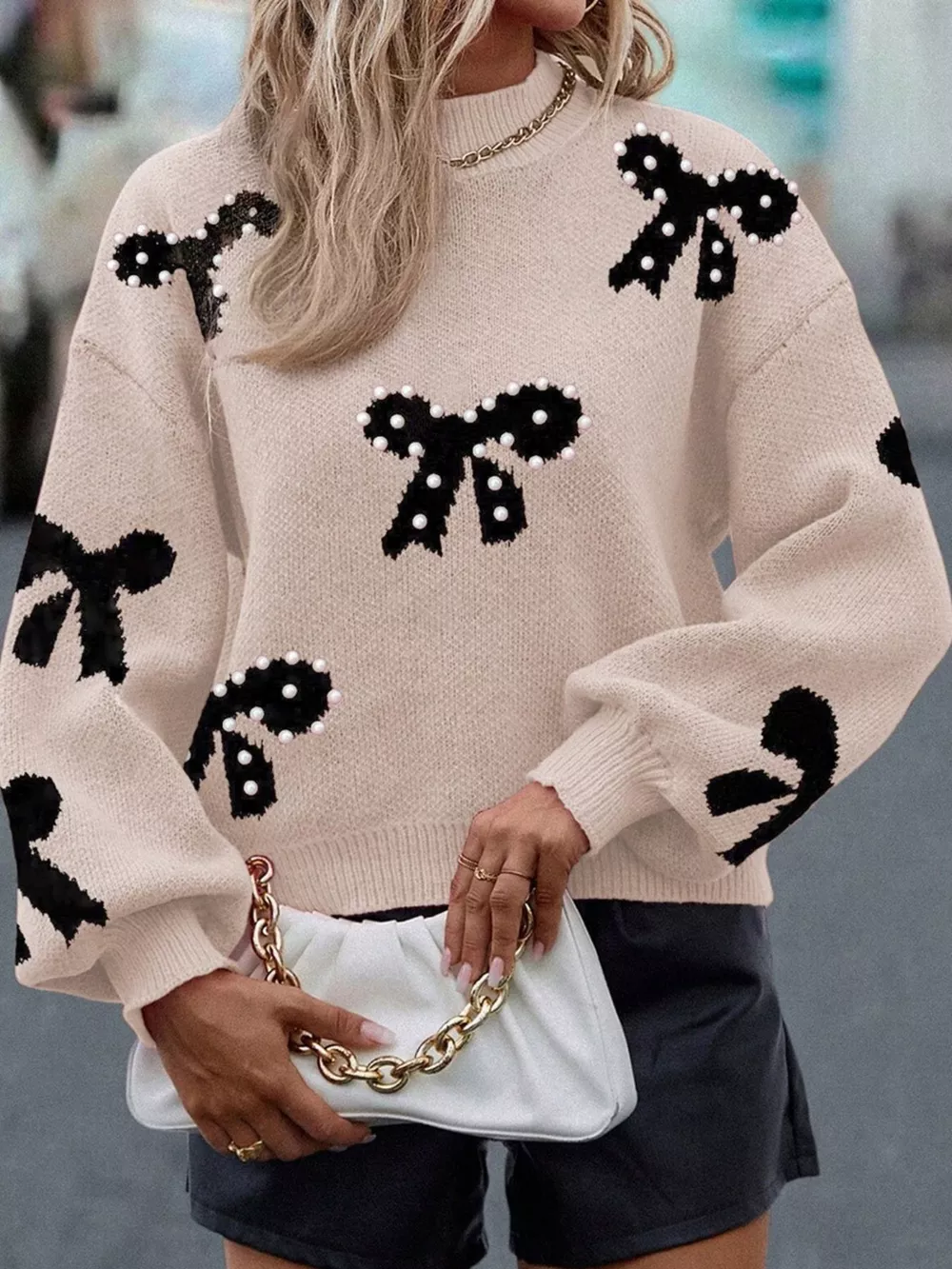 Pearl Embellished Bow Pattern Loose Sweater, image 2