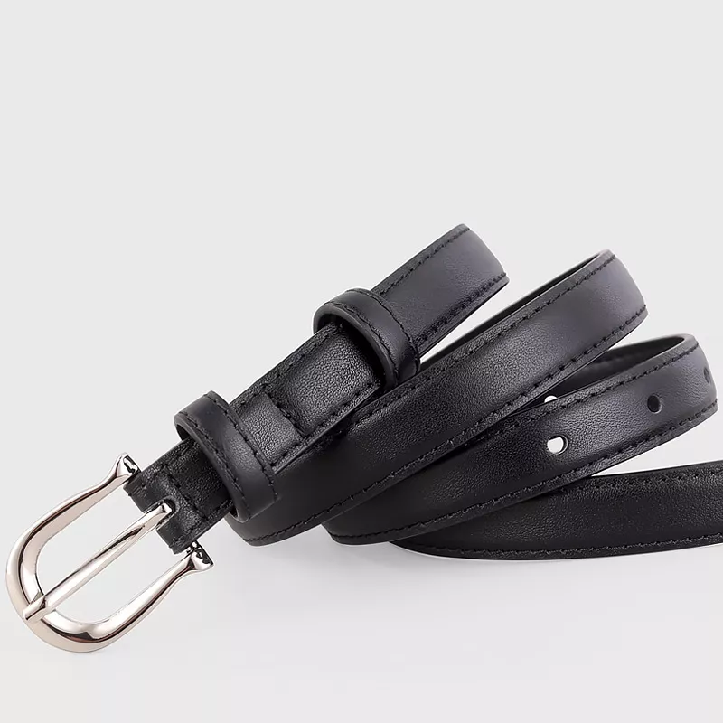 Leather Skinny Belt with Silver Buckle