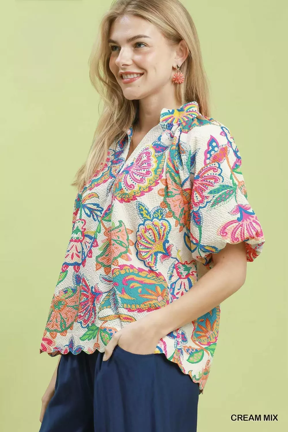 Mix Floral Print Scallop Hem Blouse, image 2