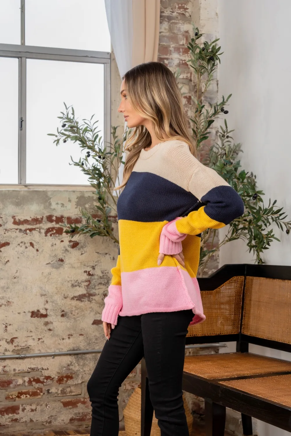 Full Size Color Block Exposed Seam Sweater, image 3