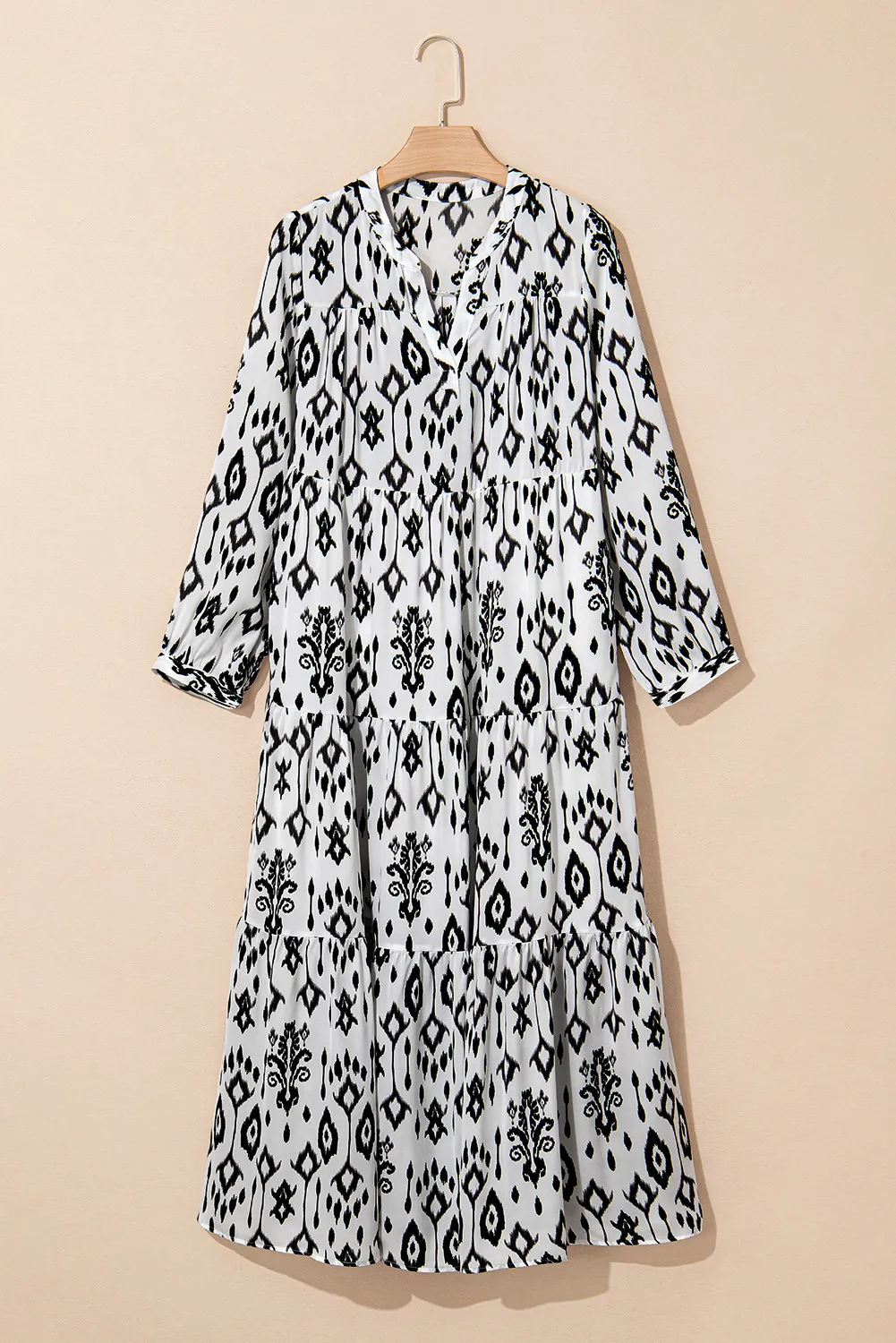Tiered Printed Notched Long Sleeve Midi Dress, image 7
