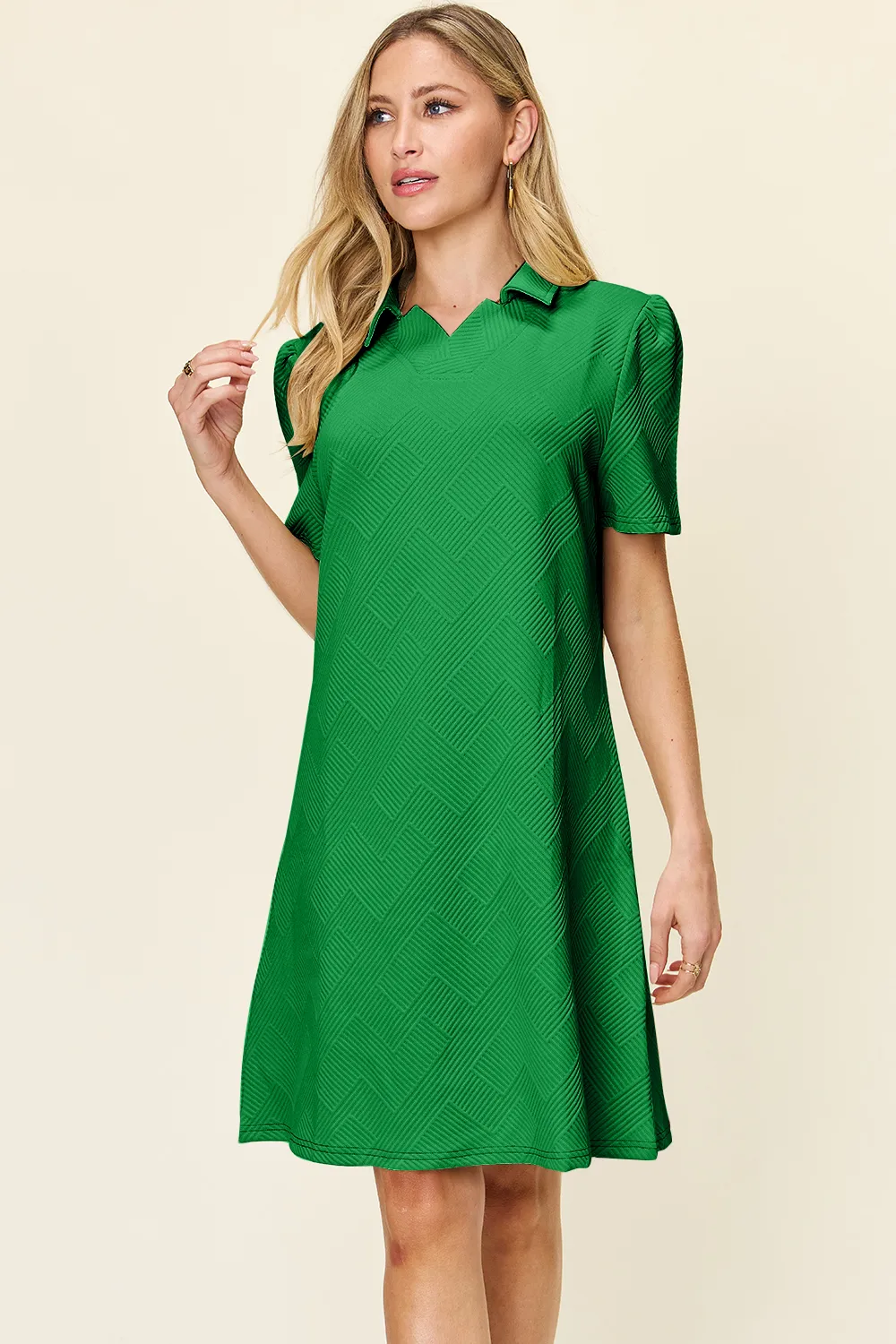Full Size Texture Collared Neck Short Sleeve Dress, image 30