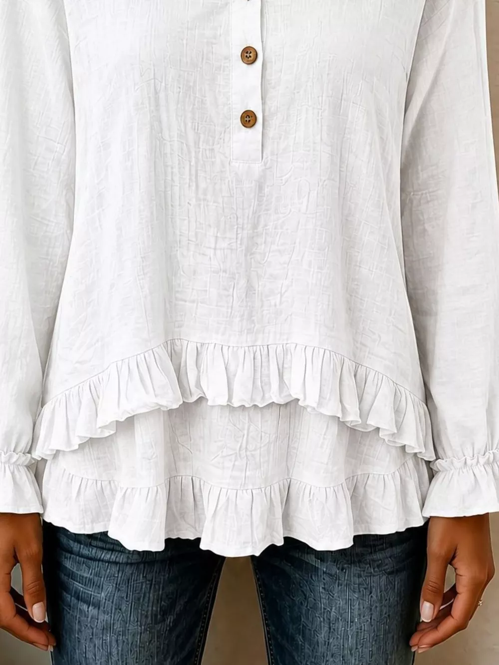 V-Neck Long Sleeve Button Detail Ruffled Hem Blouse, image 4