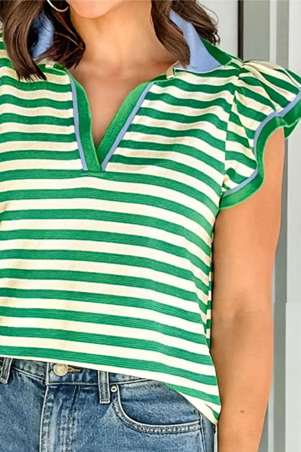 Stripe Contrast Trim Polo Collar Ruffled Short Sleeve Blouse, image 2