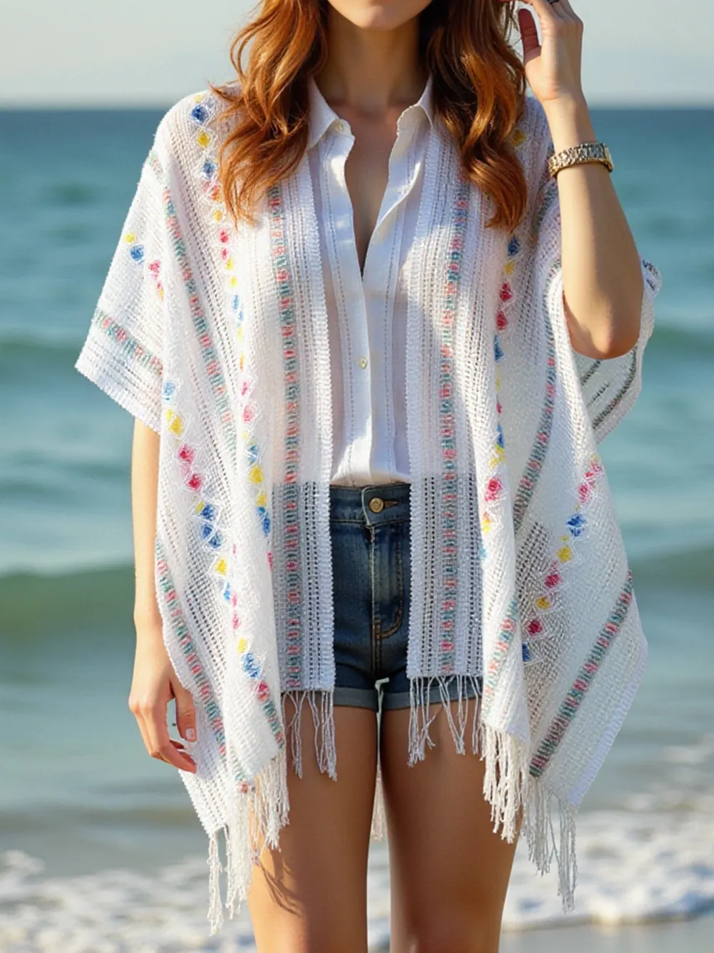 Openwork Fringe Open Front Knit Cape, image 5