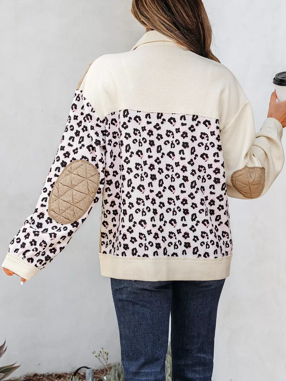 Leopard Waffle Quilted Patchwork Button Front Jacket, image 3