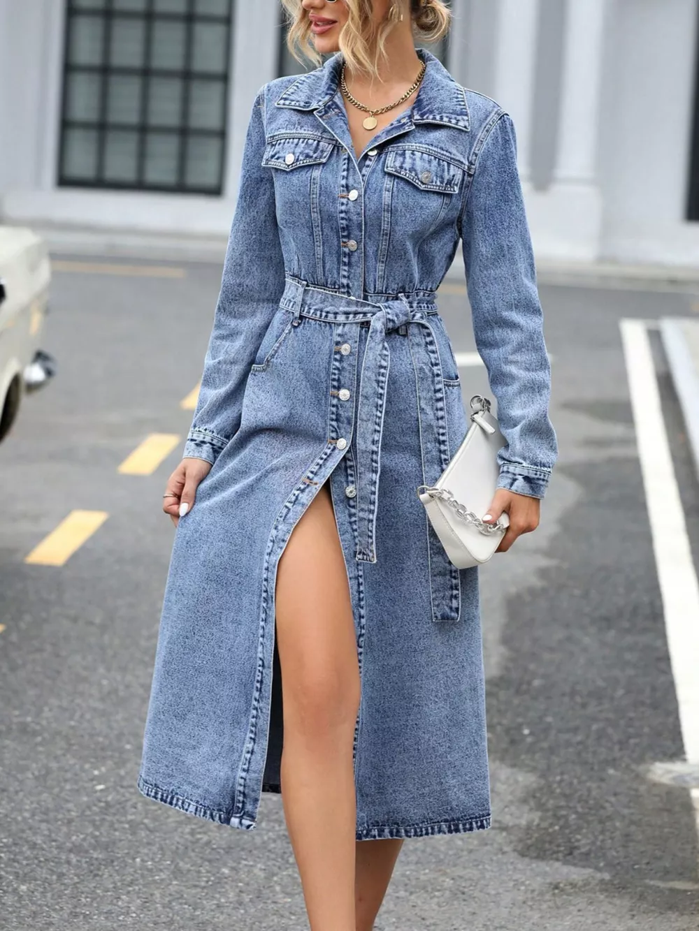 Belted Long Sleeve Denim Dress, image 10