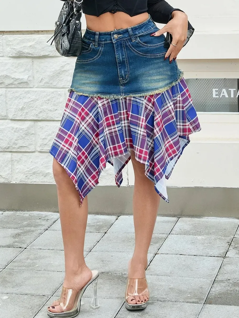Asymmetric Plaid Hem Denim Skirt, image 2