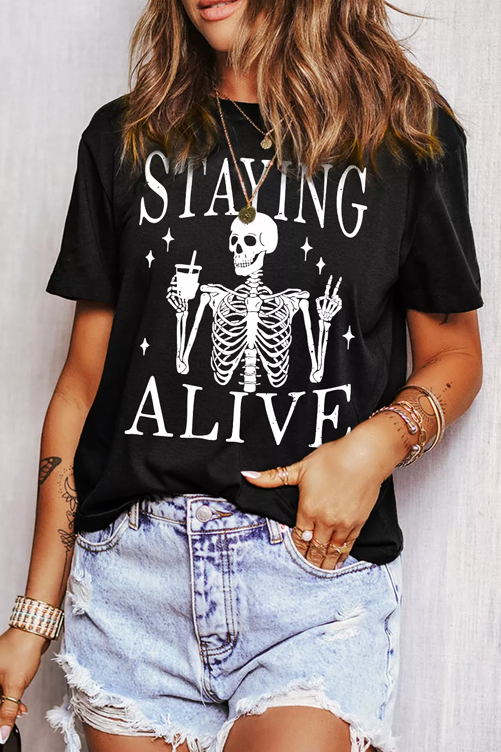 STAYING ALIVE Funny Skeleton Graphic Round Neck T Shirt, image 6