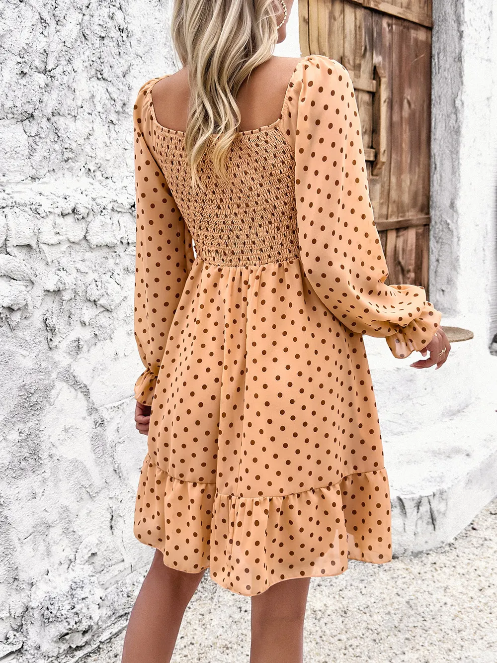 Smocked Polka Dot Long Sleeve Dress, image 10