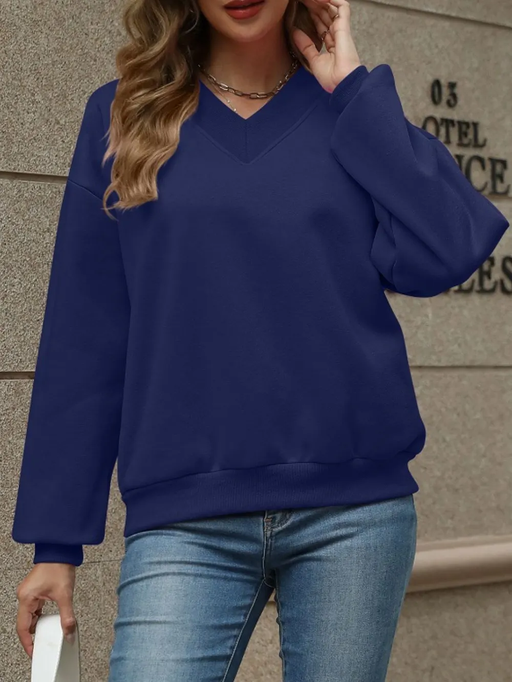 V-Neck Long Sleeve Dropped Shoulder Sweatshirt, image 27