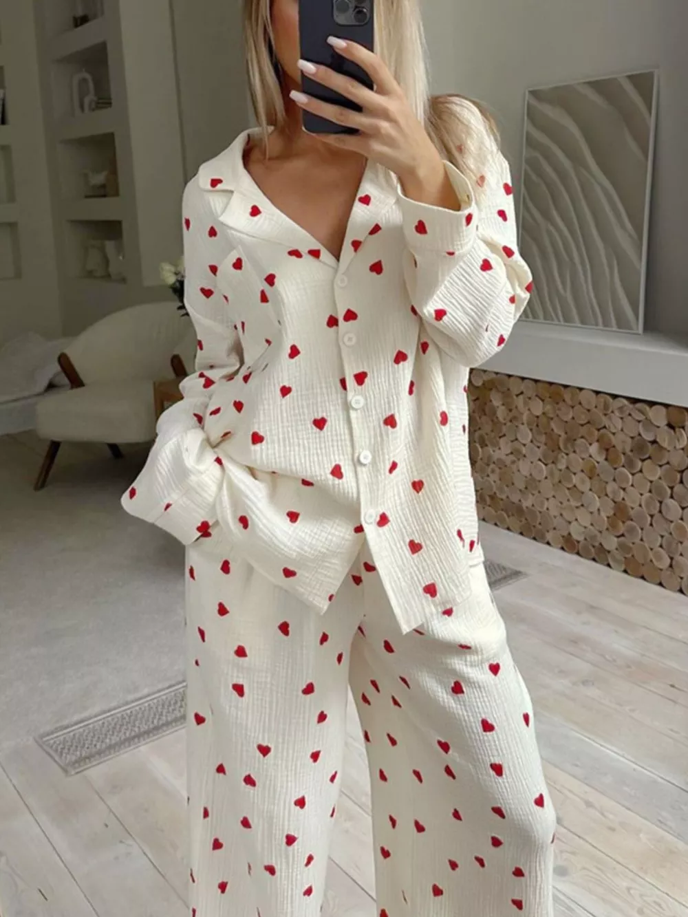 Heart Print Long Sleeve Top and Pants Lounge Set, image 4