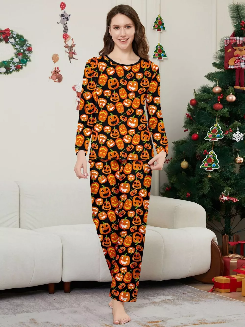 Full Size Family Matching Halloween Pumpkin Print Pajama Set Plus Size, image 3
