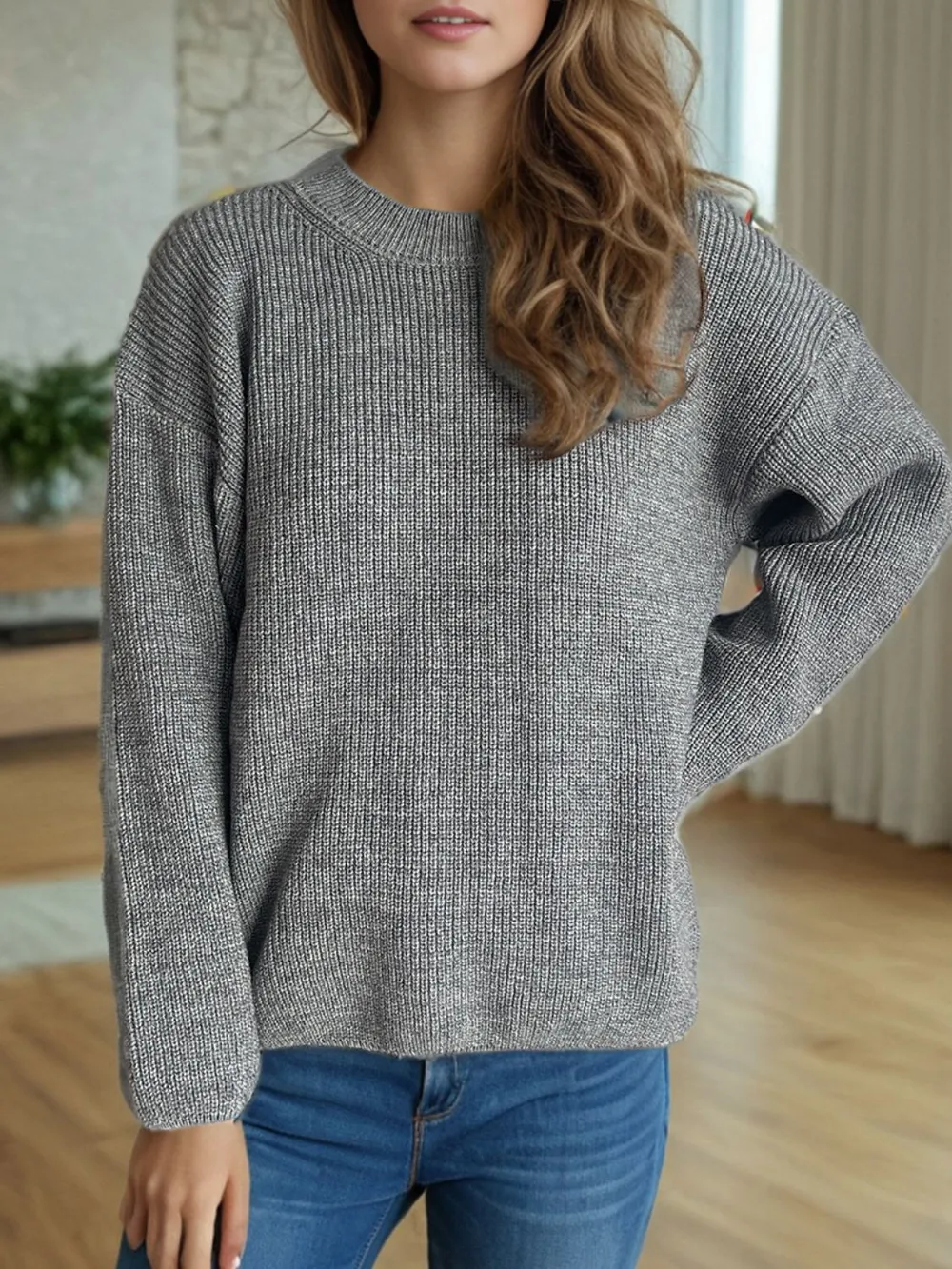 Solid Color Round Neck Long Sleeve Sweater, image 2