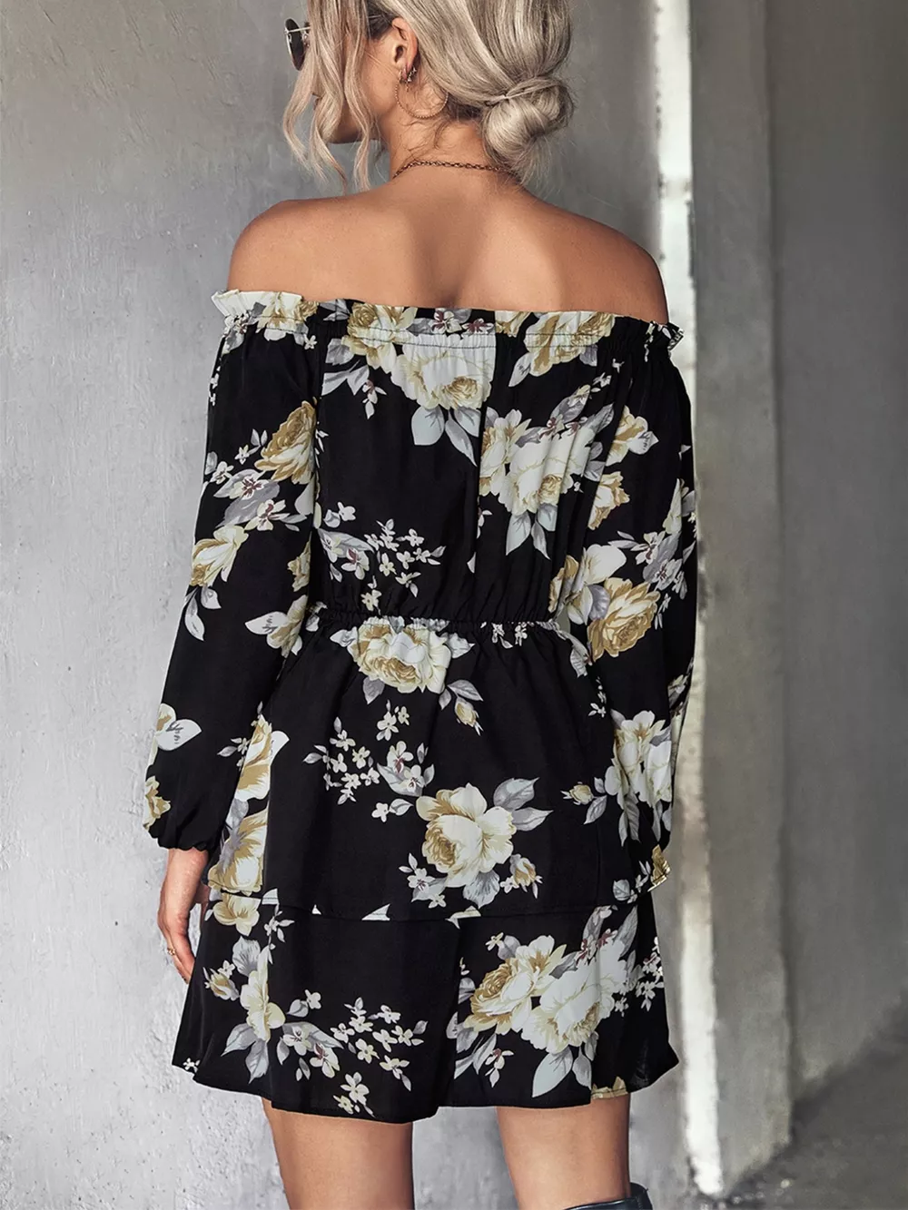 Off-Shoulder Floral Print Long Sleeve Mini Dress, image 11